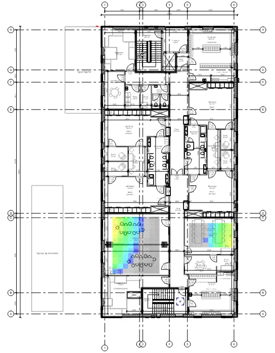 Timebaseret dagslysberegning med farvekort på plantegning for første sal
