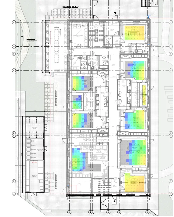 LightStanza dagslysresultat med luxfordeling på plantegning for stueplan