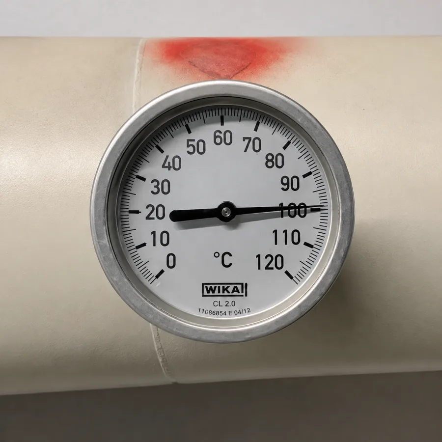 Temperaturmåler i varmecentral der viser høj fremløbstemperatur